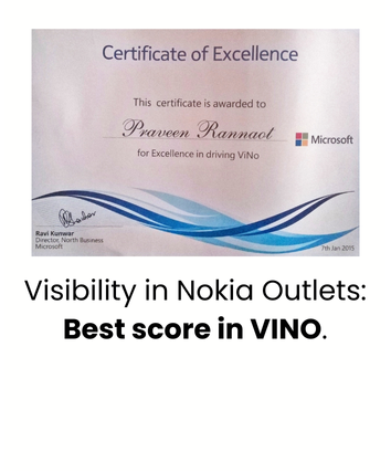 Digital Marketing Expert in India Praveen Rannaot was awarded for best score in BTL visibility drive for Nokia Mobiles